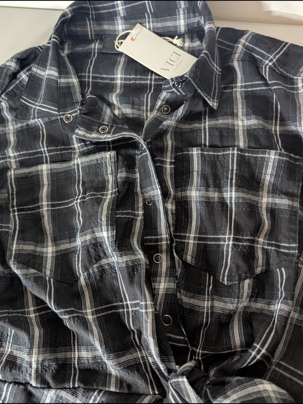 VICI Archie Cotton Plaid Shirt Dress Black Gray Long Sleeve Tie Waist Large NWT - Picture 5 of 8